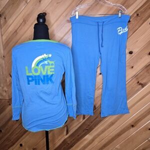 Rare Y2K Vintage Victorias Secret PINK PJ Set '05 Henley Cotton‎ Blue Large Dog